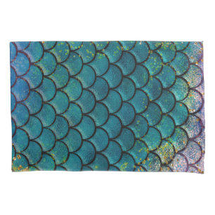Glam Mermaid Fish Scales Teal Purple Gold Sparkle Pillow Case