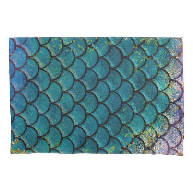 Glam Mermaid Fish Scales Teal Purple Gold Sparkle Pillow Case (Front)