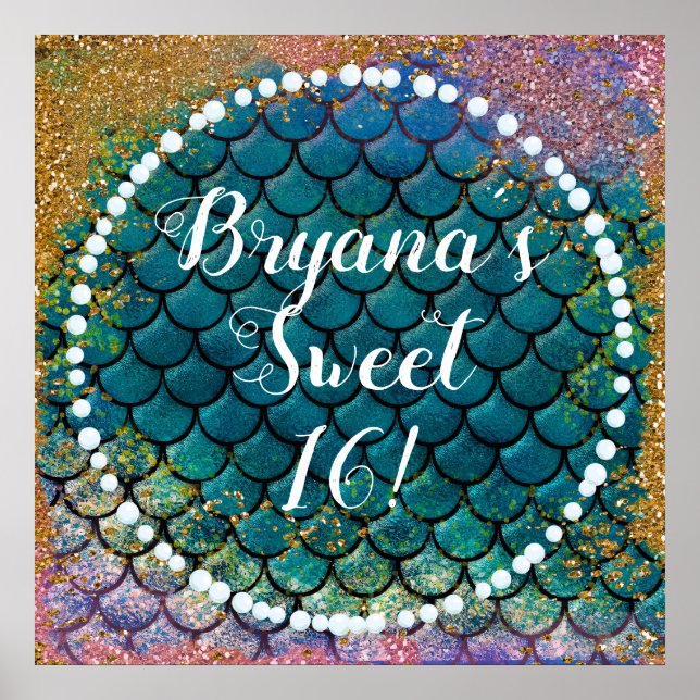 Glam Mermaid Fish Scales Teal Purple Gold Sparkle Poster (Front)