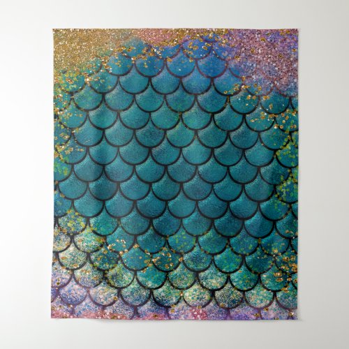 Glam Mermaid Fish Scales Teal Purple Gold Sparkle Tapestry