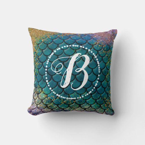 Glam Mermaid Fish Scales Teal Purple Gold Sparkle Throw Pillow