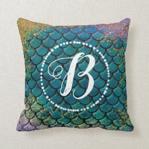 Glam Mermaid Fish Scales Teal Purple Gold Sparkle Throw Pillow