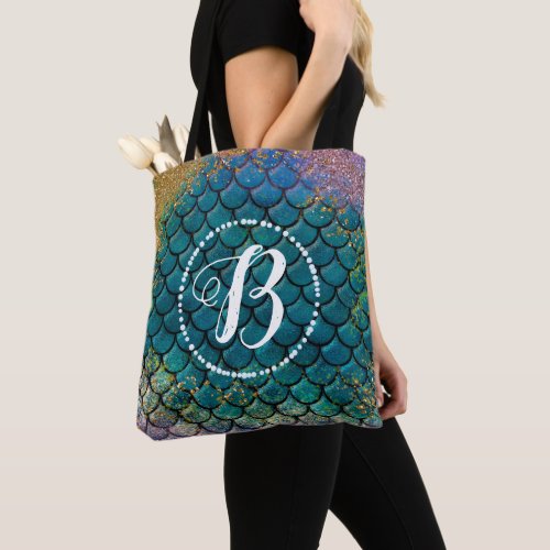 Glam Mermaid Fish Scales Teal Purple Gold Sparkle Tote Bag