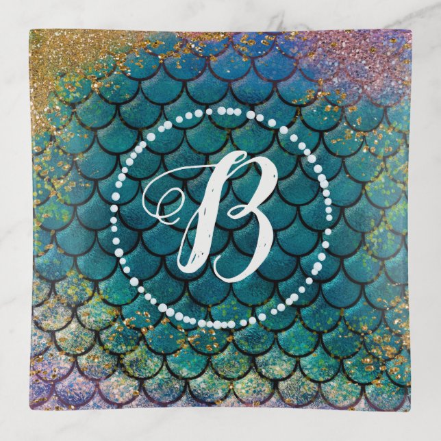 Glam Mermaid Fish Scales Teal Purple Gold Sparkle Trinket Tray (Front)