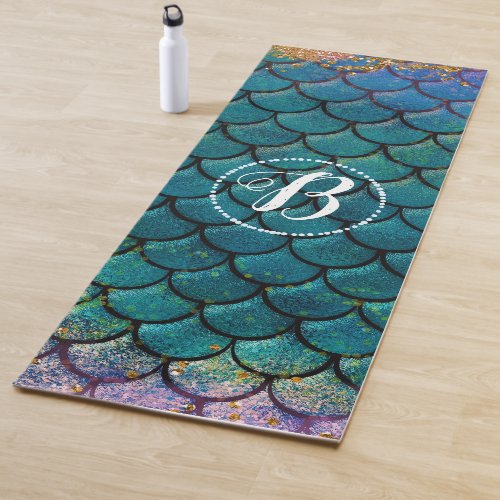 Glam Mermaid Fish Scales Teal Purple Gold Sparkle Yoga Mat