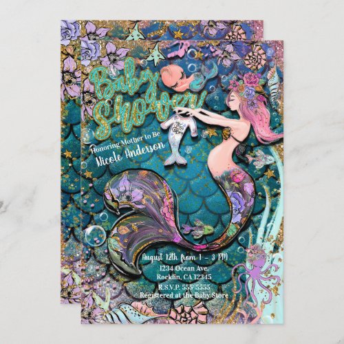 Glam Mermaid Gold Glitter Boys Baby Shower Invitation