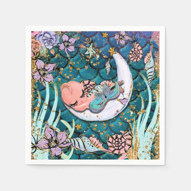 Glam Mermaid Gold Glitter Boys Baby Shower Napkins (Front)