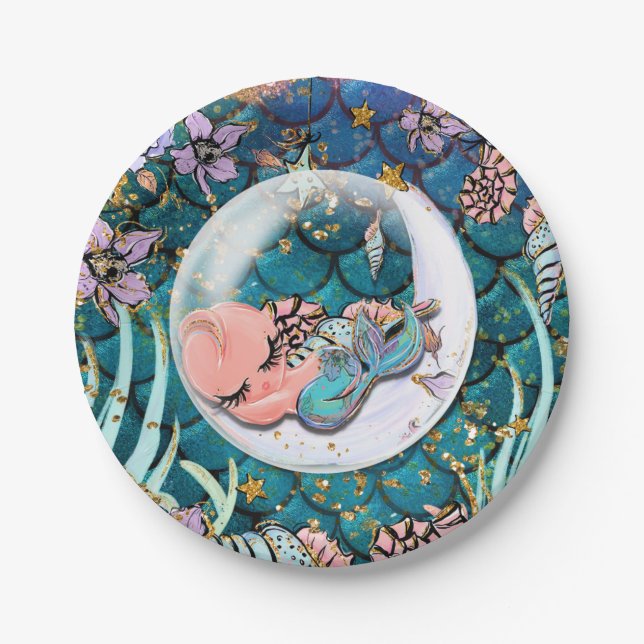 Glam Mermaid Gold Glitter Boys Baby Shower Paper Plates (Front)