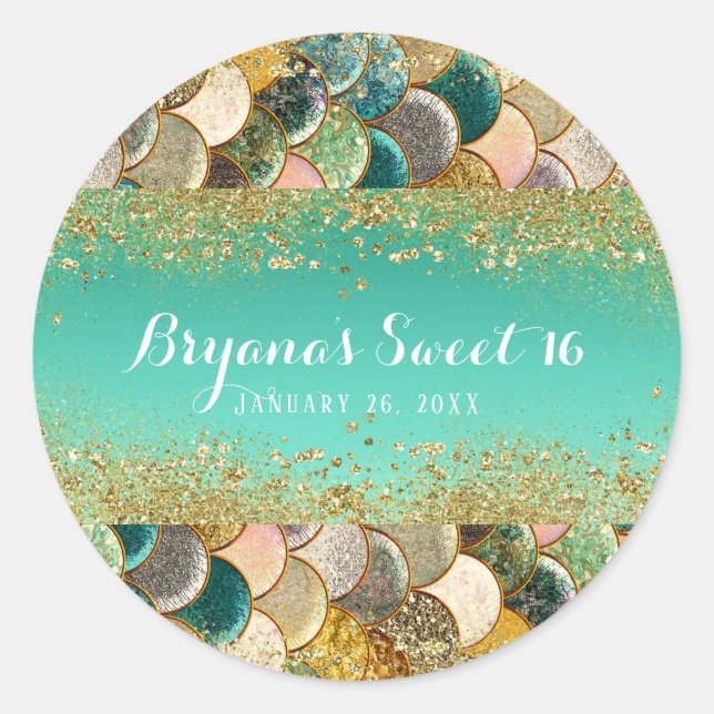 Glam Mermaid Gold Teal Scales Birthday Party Favor Classic Round Sticker (Front)