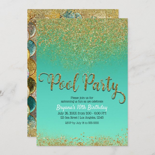 Glam Mermaid Pool Party Gold Glitter Teal Birthday Invitation (Front/Back)