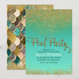 Glam Mermaid Pool Party Gold Glitter Teal Birthday Invitation