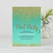 Glam Mermaid Pool Party Gold Glitter Teal Birthday Invitation (Standing Front)