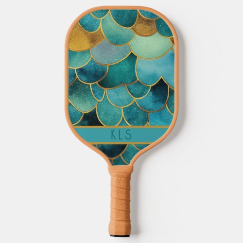 Glam Mermaid Scales Teal  Gold Monogram Pickleball Paddle