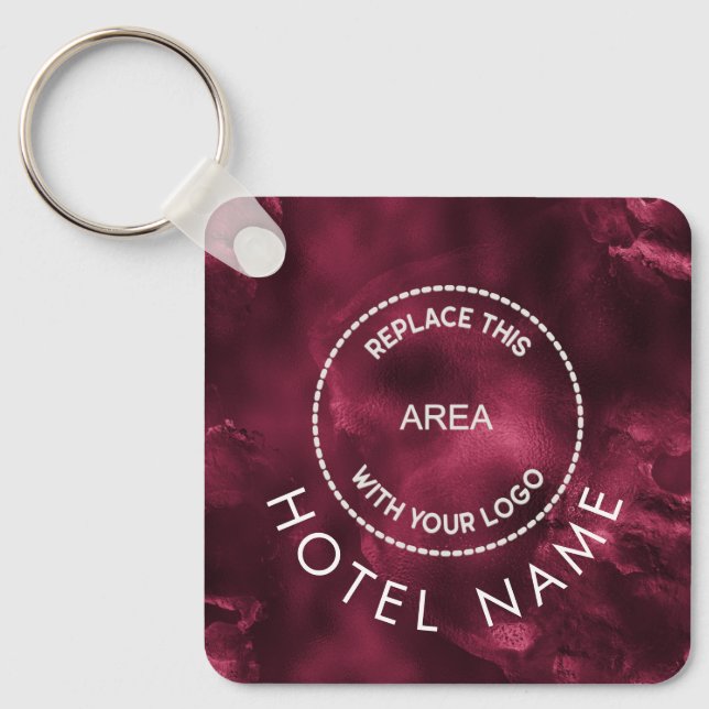 Glam Metallic Burgundy Hotel Logo Qr Code Name Keychain (Front)