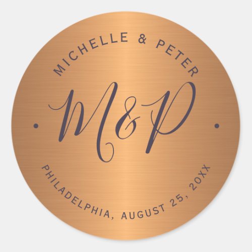 Glam metallic copper gold wedding monogrammed classic round sticker