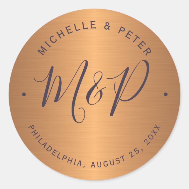 Glam metallic copper gold wedding monogrammed classic round sticker (Front)