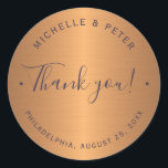 Glam metallic copper gold wedding thank you classic round sticker<br><div class="desc">Glamourous modern faux metallic copper glitter round wedding favor thank you sticker with a fully editable modern chic dark purple indigo (changeable) typography script.                Personalize it with wedding couple's names,  place and date and your text!                Suitable as a favor or gift wrap or thank you card envelope seal.</div>