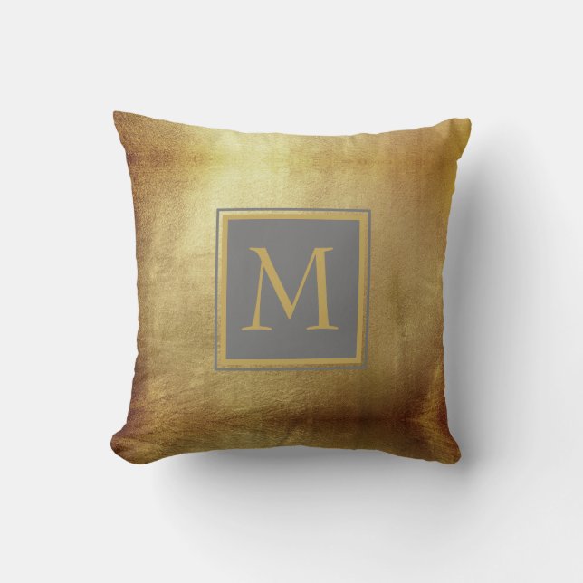Glam Metallic Gold Monogram Throw Pillow (Front)