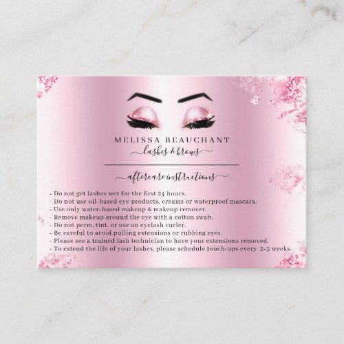 Glam Metallic Pink Glitter Lashes Salon Aftercare Business Card