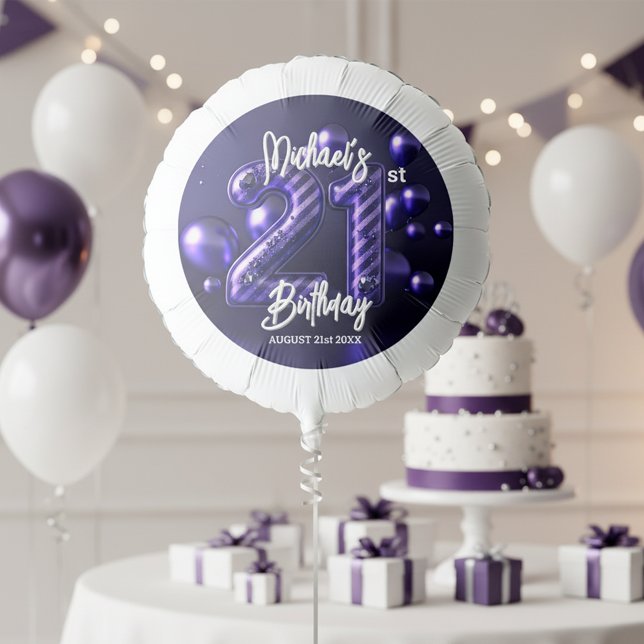 Glam Metallic Purple Glitter Stripes 21st Birthday Balloon (Creator Uploaded)