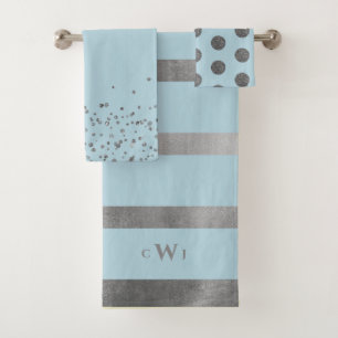 Glam Metallic Silver and Blue Monogram Bath Towel Set