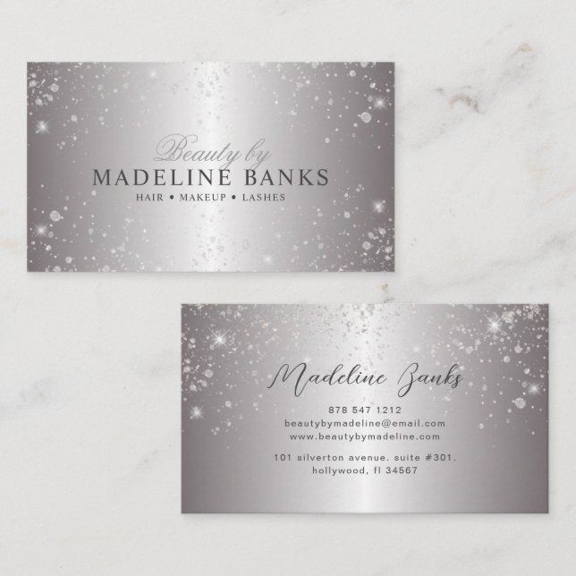 Glam Metallic Silver Glitter Beauty Professional Business Card (Front/Back)