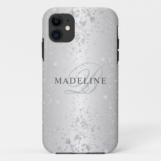 Glam Metallic Silver Glitter Customizable Name Case-Mate iPhone Case (Back)