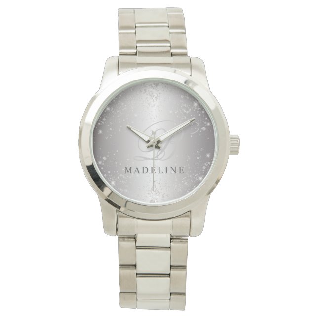 Glam Metallic Silver Glitter Customizable Name Watch (Front)