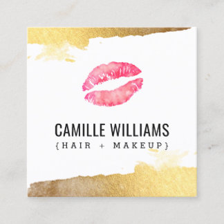 GLAM MINIMALIST luxe gold pink watercolour kiss Square Business Card