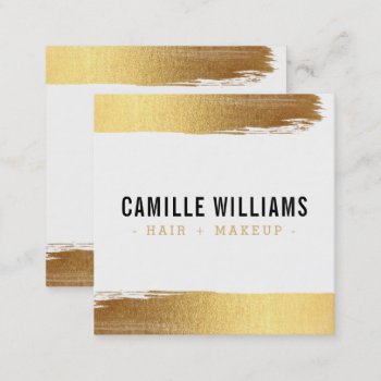 Glam Minimalist Luxury Faux Gold Foil Brush Stroke Square Business Card by edgeplus at Zazzle