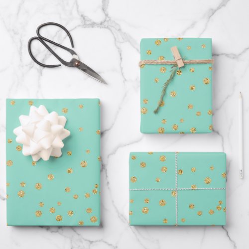 Glam Mint Green and Gold Polka Dots Pattern Wrapping Paper Sheets