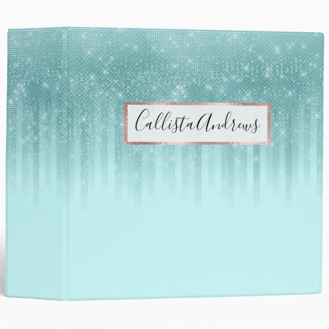 Glam Mint Green Aqua Glitter Striped Gradient 3 Ring Binder (Front/Spine)