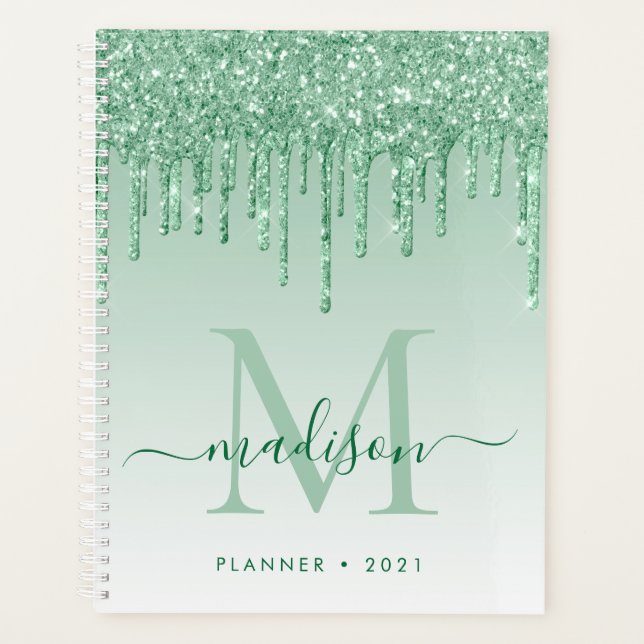 Glam Mint Green Glitter Drips Girly Monogram 2021 Planner (Front)