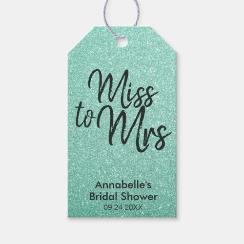 Glam Mint Green Glitter Miss to Mrs Bridal Shower Gift Tags