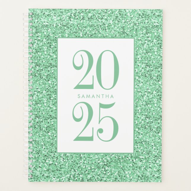 Glam Mint Green Glitter Personalized 2025 Planner (Front)