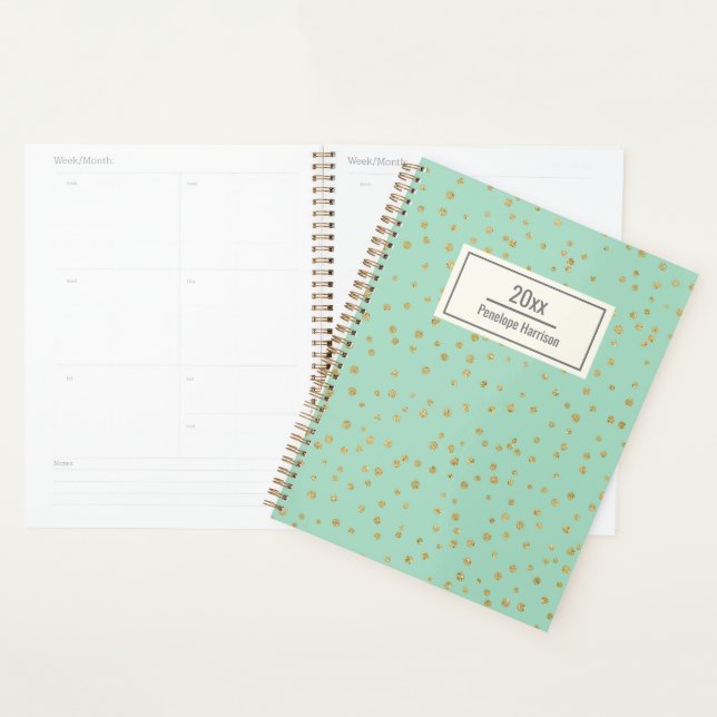 Glam Mint Green Gold Dots Pattern Personalized Planner (Display)