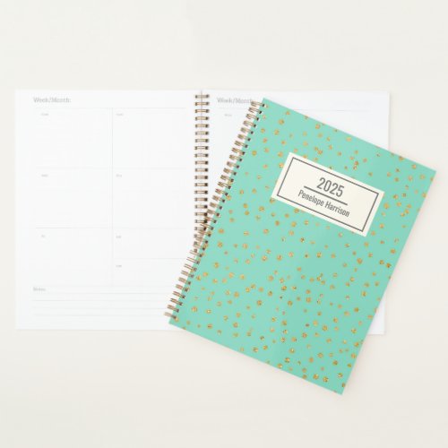 Glam Mint Green Gold Dots Pattern Personalized Planner