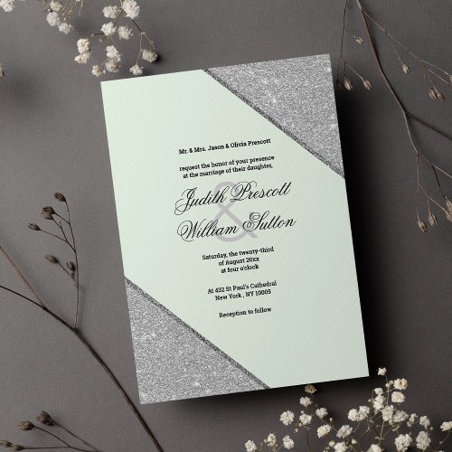 Glam mint green silver glitter calligraphy wedding invitation