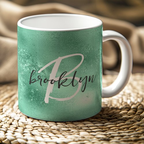 Glam Mint Green Trendy Script Monogram Coffee Mug