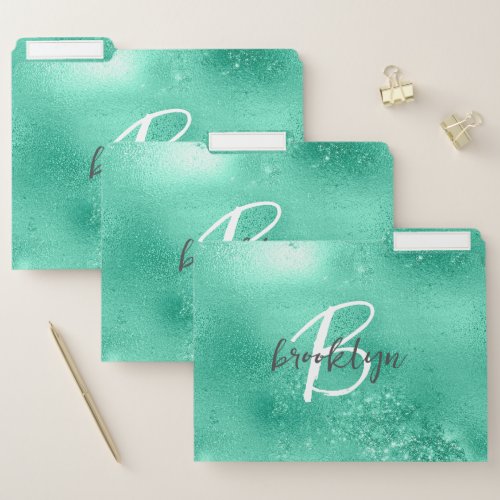 Glam Mint Green Trendy Script Monogram File Folder