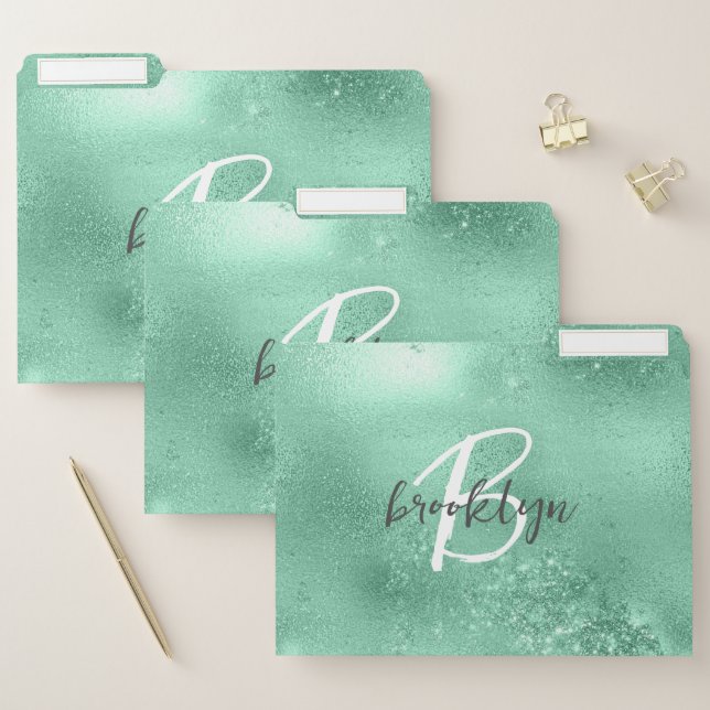 Glam Mint Green Trendy Script Monogram File Folder (Set)
