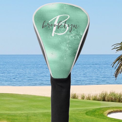 Glam Mint Green Trendy Script Monogram Golf Head Cover