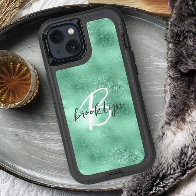 Glam Mint Green Trendy Script Monogram Otterbox iPhone Case (Creator Uploaded)