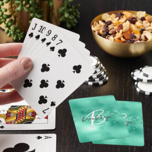 Glam Mint Green Trendy Script Monogram Poker Cards