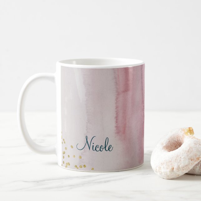 Glam Modern Blush Pink Blue Gold Personalized Coffee Mug (With Donut)