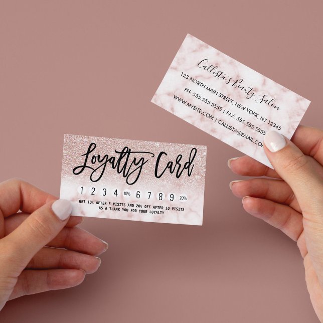 Glam Modern Chic Rose Gold Glitter Marble Discount Loyalty Card (Creator Uploaded)