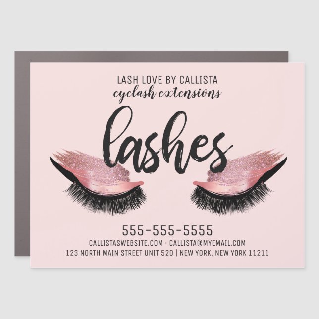 Glam Modern Eyelash Pink Rose Glitter Foil Lashes Car Magnet (Front)