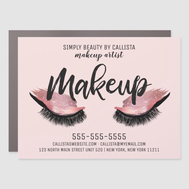 Glam Modern Eyelash Pink Rose Glitter Foil Makeup Car Magnet (Front)