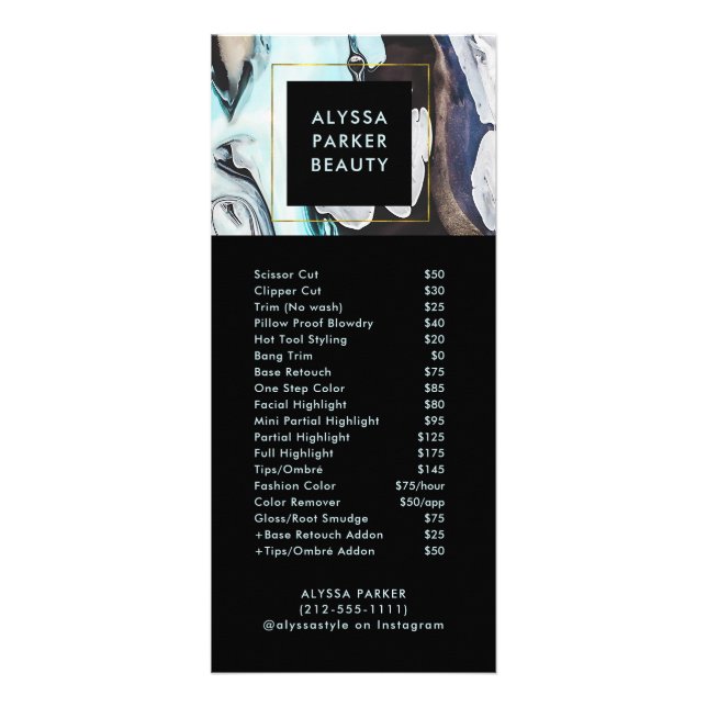 Glam Modern Ink Swirls | Salon Price List Menu (Front)