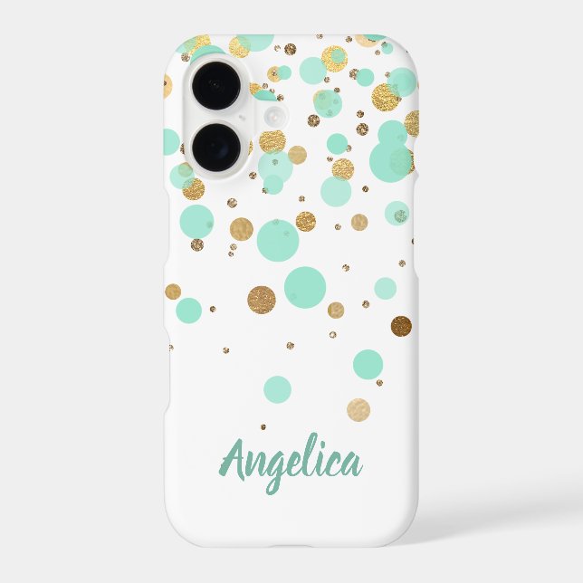 Glam Modern Mint Gold Glitter Confetti Script Name Iphone Case (Back)